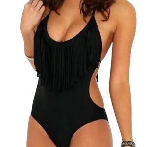 Black Monokini One Piece Swimsuit With Cutouts and Fringes